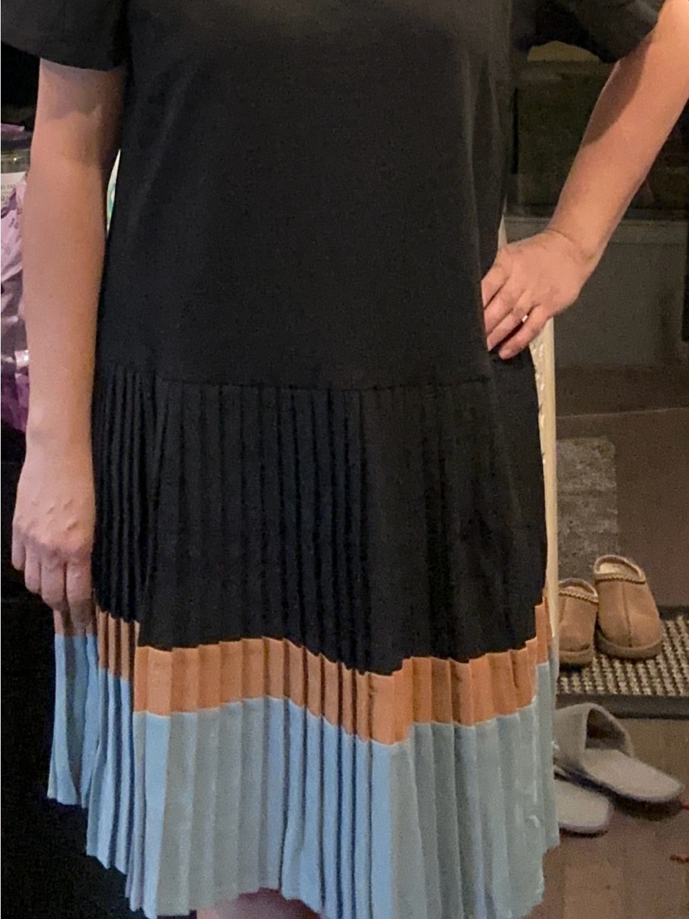 Pleated Colorblock Midi Dress - Black, Tan & Light Blue size XL-3XL